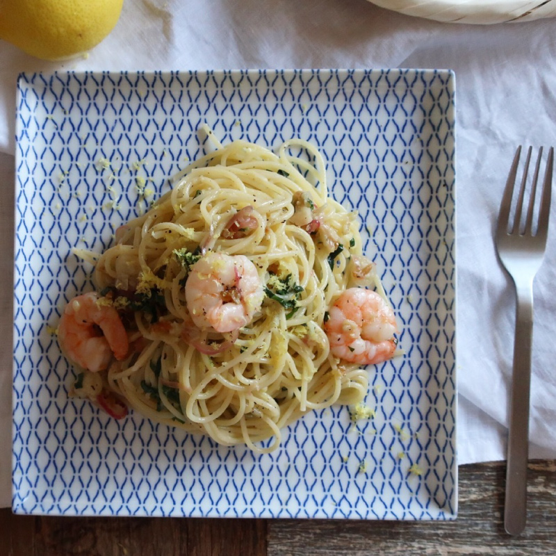 エビと薬味のレモン風味スパゲティ