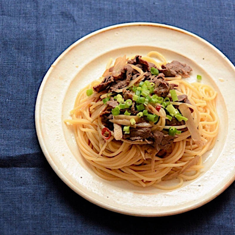 牛ごぼうのしぐれ煮風パスタ